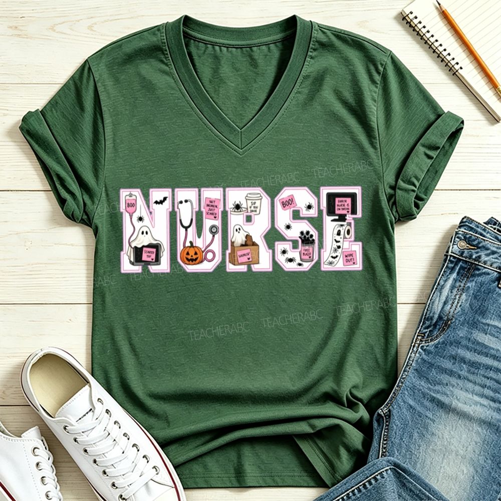 Halloween Nurse Pink Outline Nurse Letter Ghost Pumpkin V Neck T-shirt