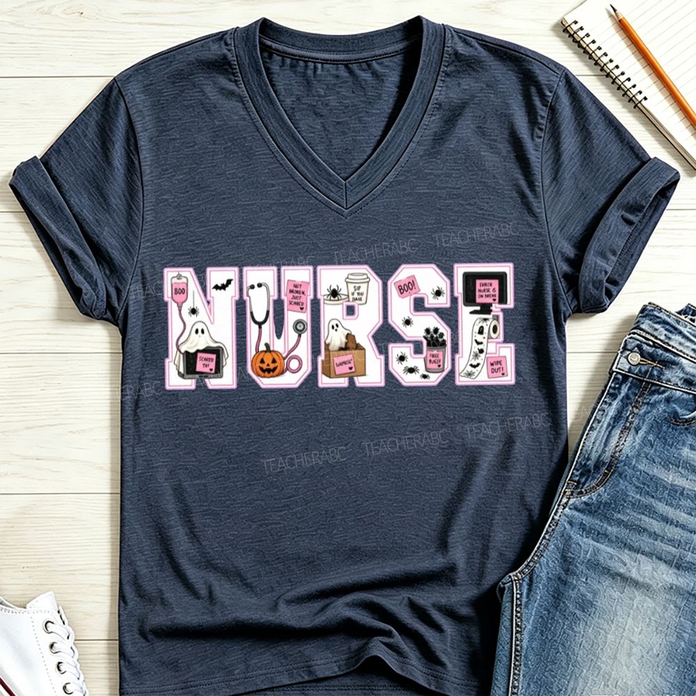 Halloween Nurse Pink Outline Nurse Letter Ghost Pumpkin V Neck T-shirt