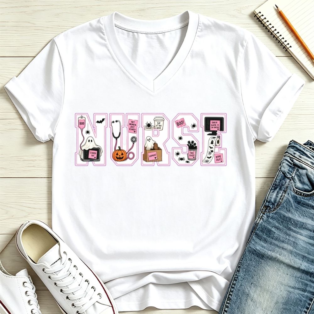 Halloween Nurse Pink Outline Nurse Letter Ghost Pumpkin V Neck T-shirt
