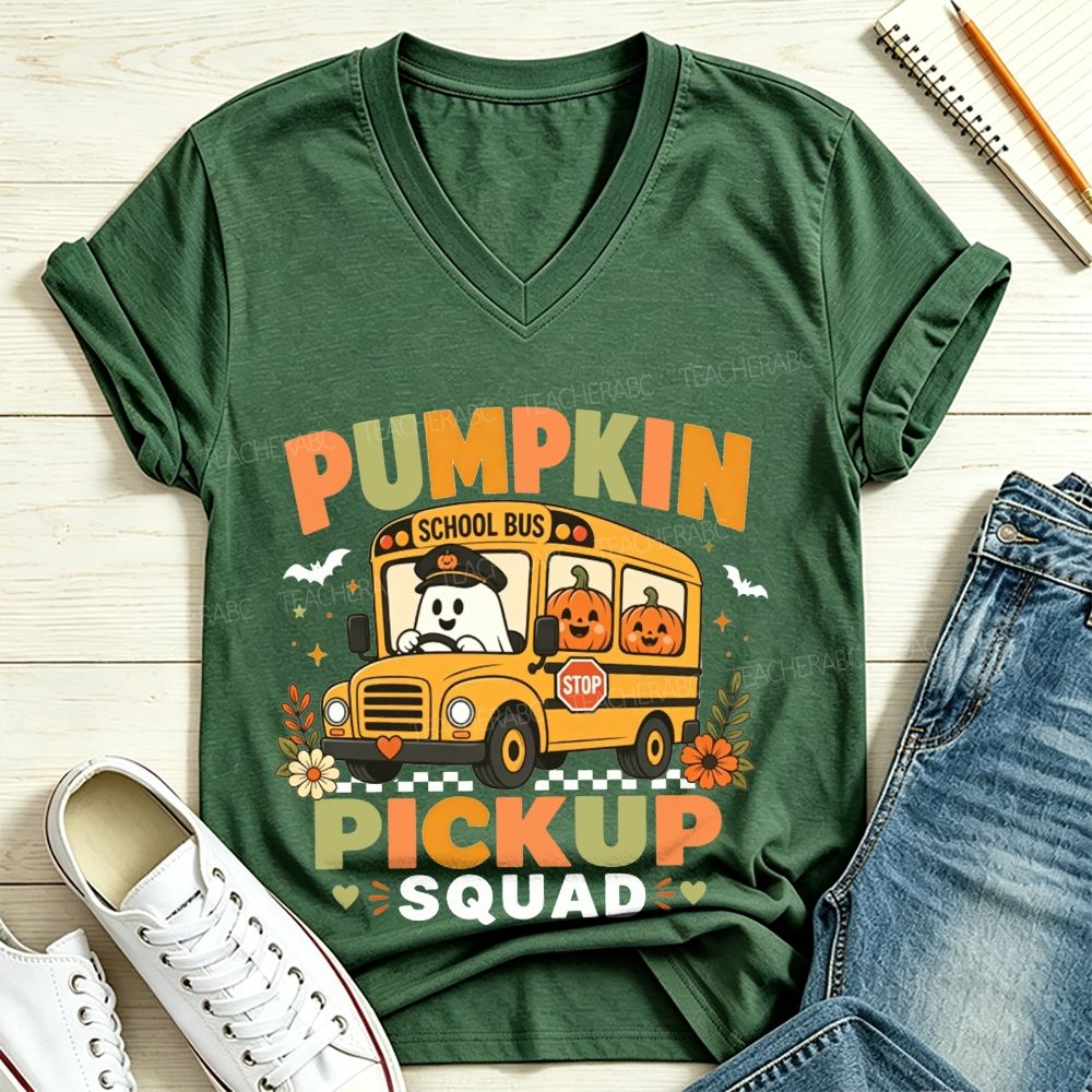 Pumpkin Pickup Squad Halloween Ghost School Bus Driver V Neck T-shirt