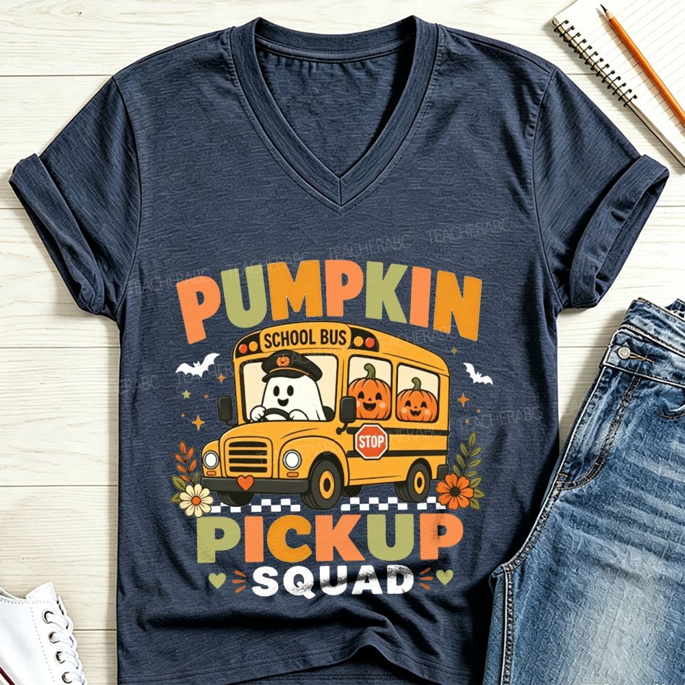 Pumpkin Pickup Squad Halloween Ghost School Bus Driver V Neck T-shirt