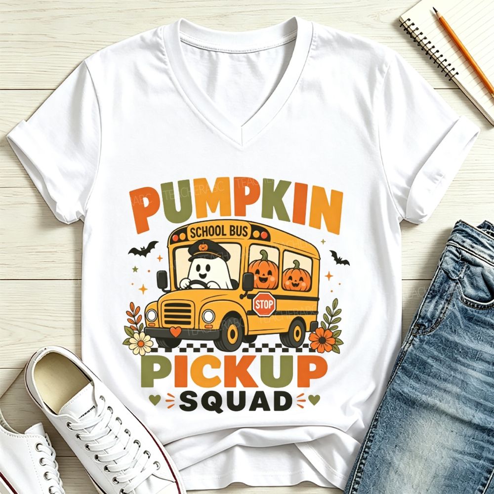 Pumpkin Pickup Squad Halloween Ghost School Bus Driver V Neck T-shirt