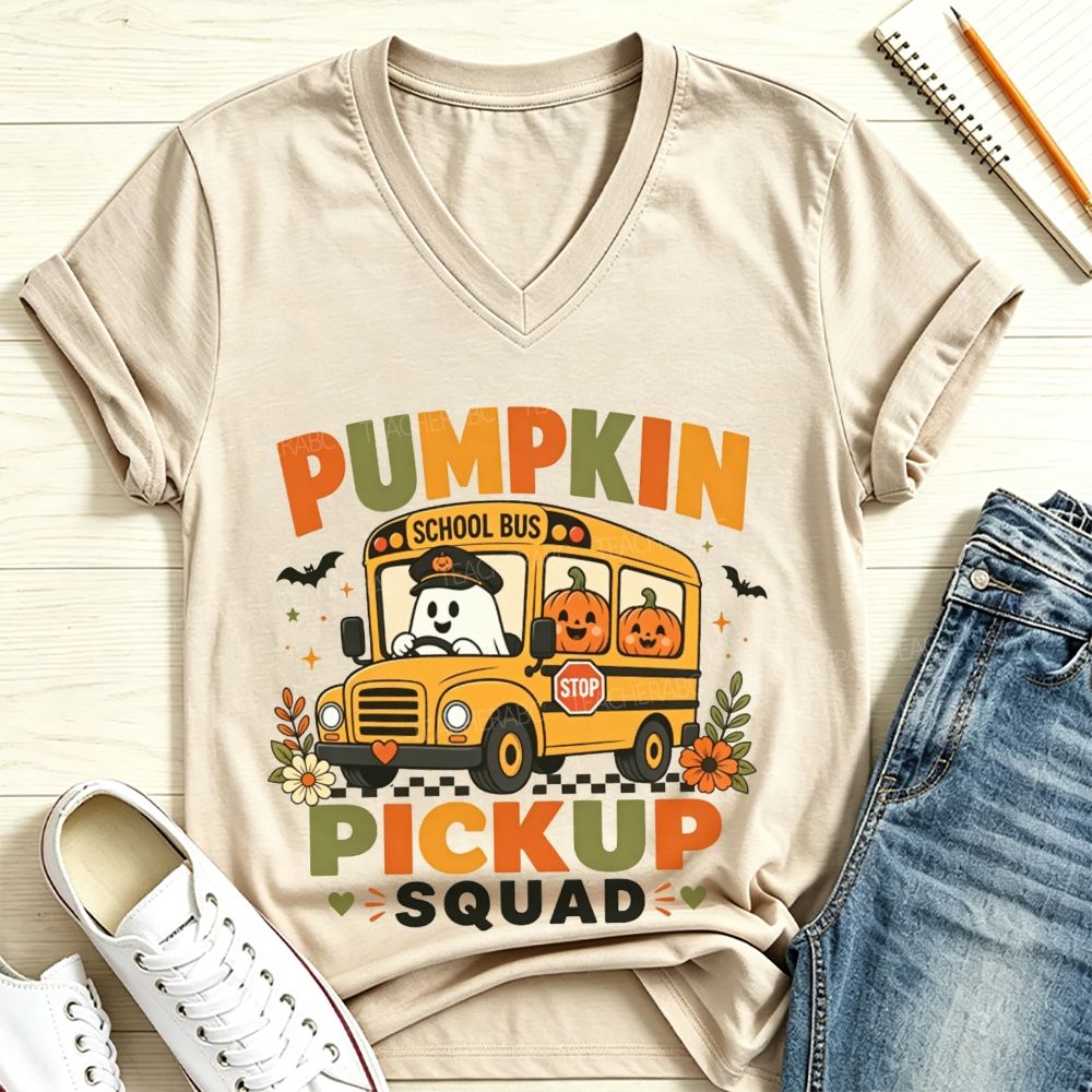 Pumpkin Pickup Squad Halloween Ghost School Bus Driver V Neck T-shirt