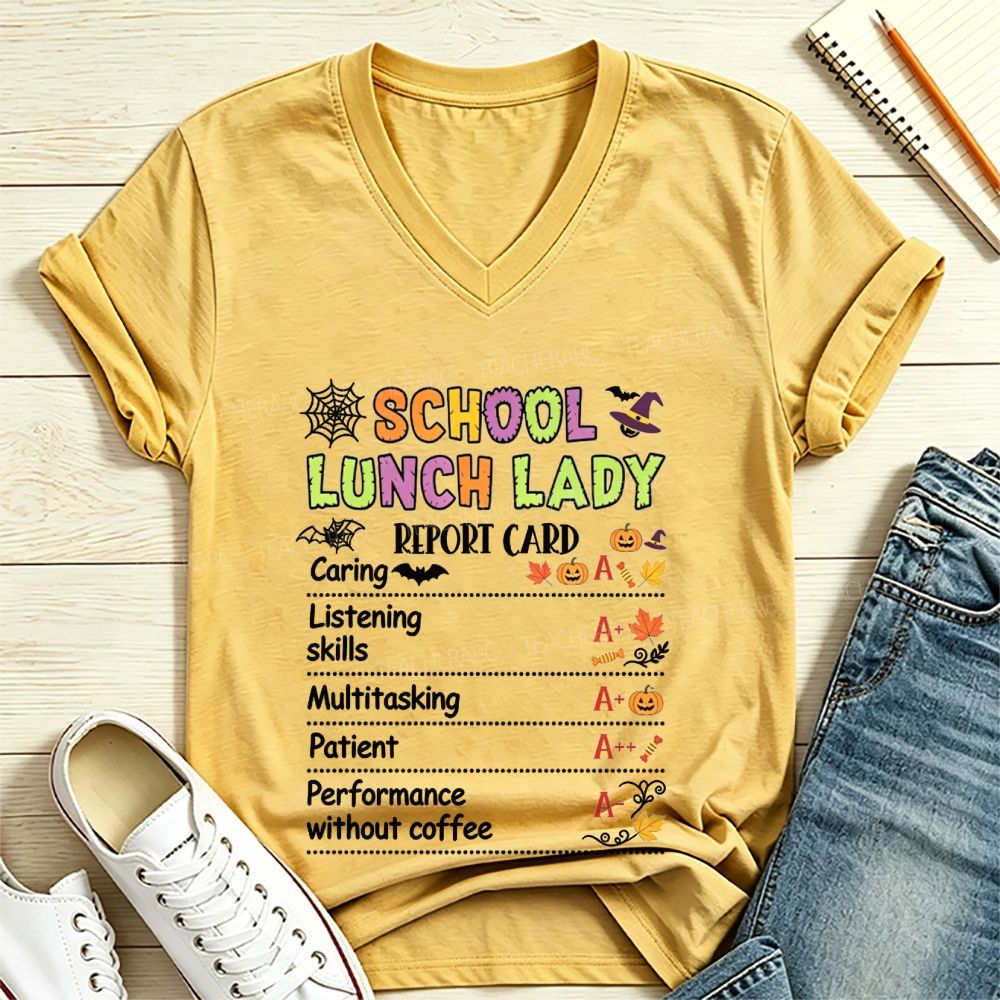 School Lunch Lady Report Card Halloween Grades V Neck T-shirt