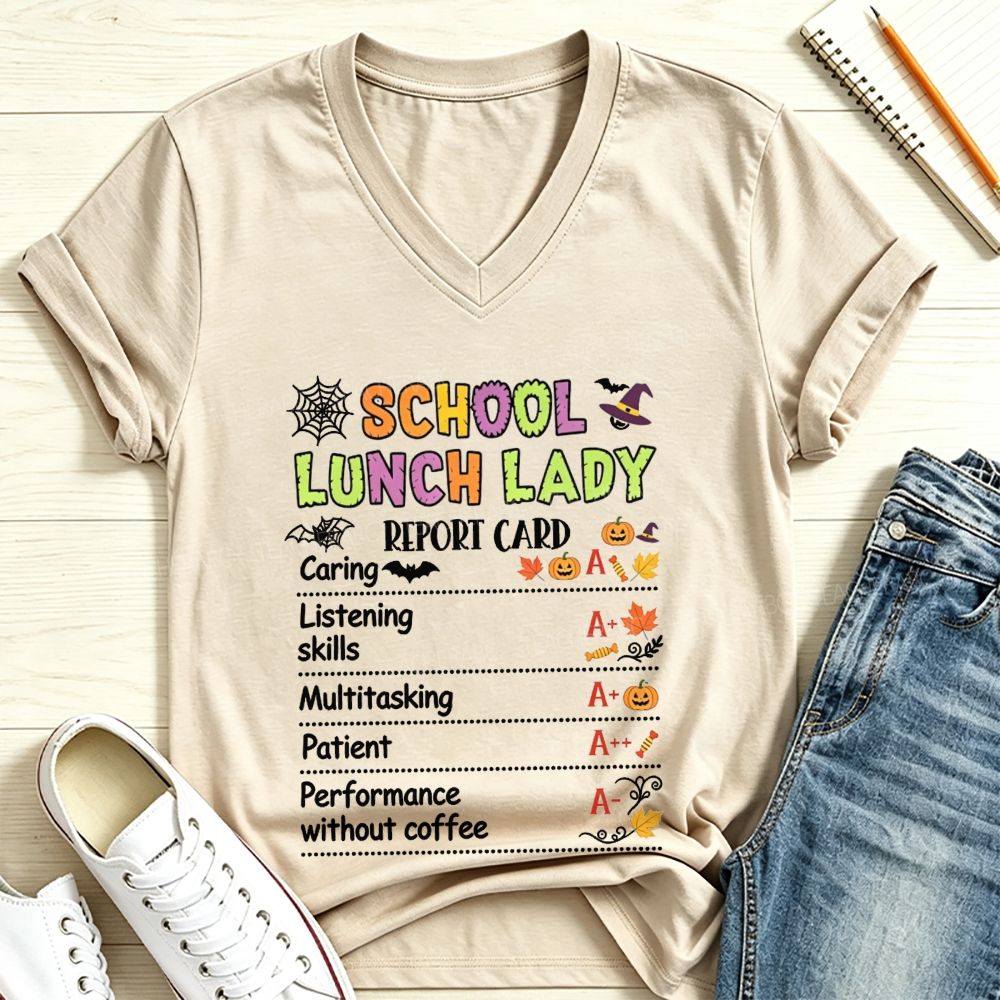 School Lunch Lady Report Card Halloween Grades V Neck T-shirt