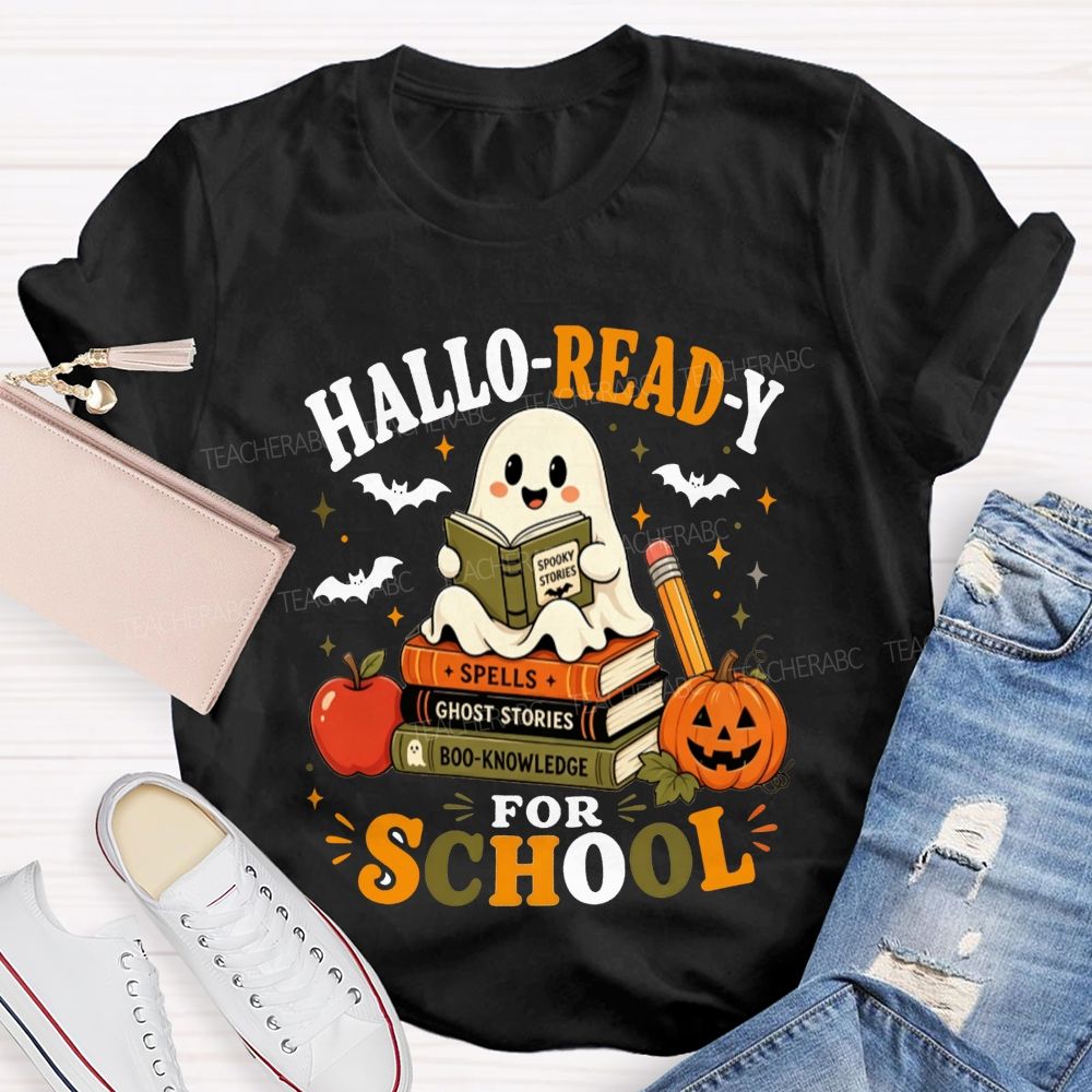 Hallo-Ready For School Ghost Reading Book Stack Pumpkin Halloween Teacher T-shirt