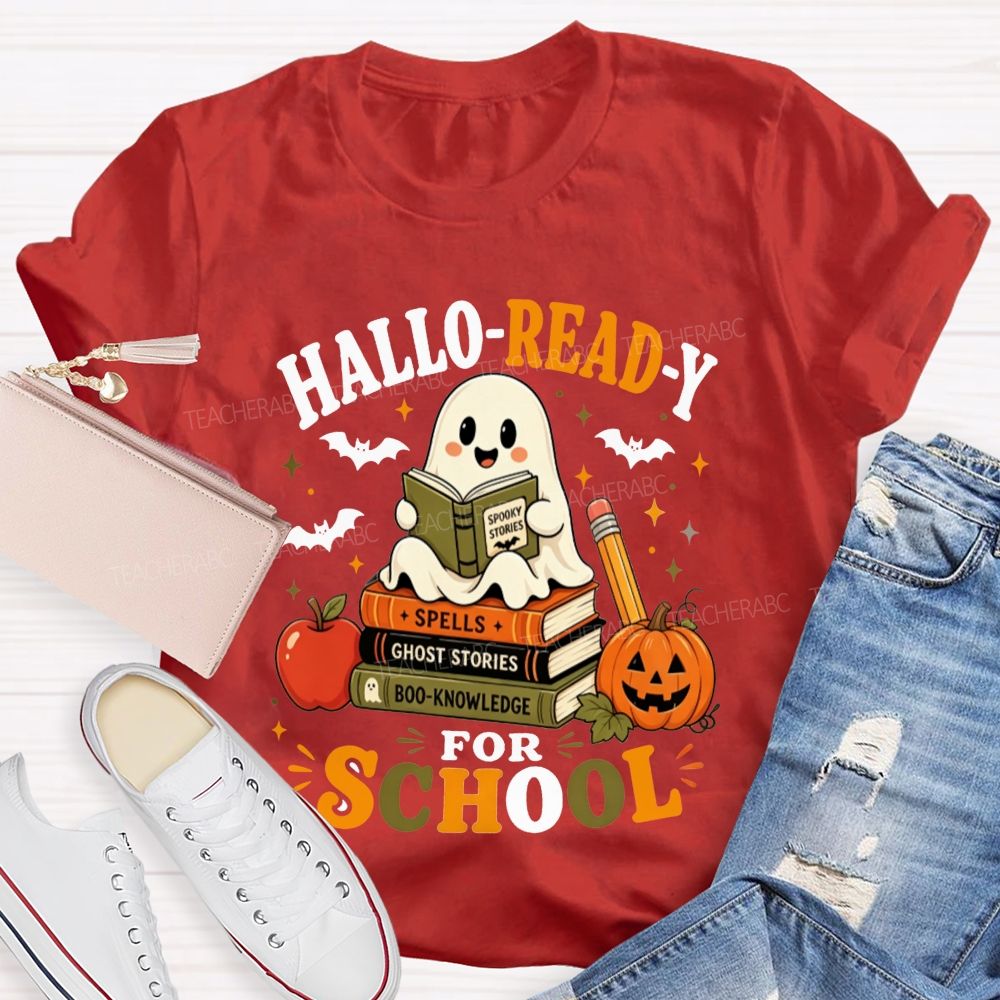 Hallo-Ready For School Ghost Reading Book Stack Pumpkin Halloween Teacher T-shirt
