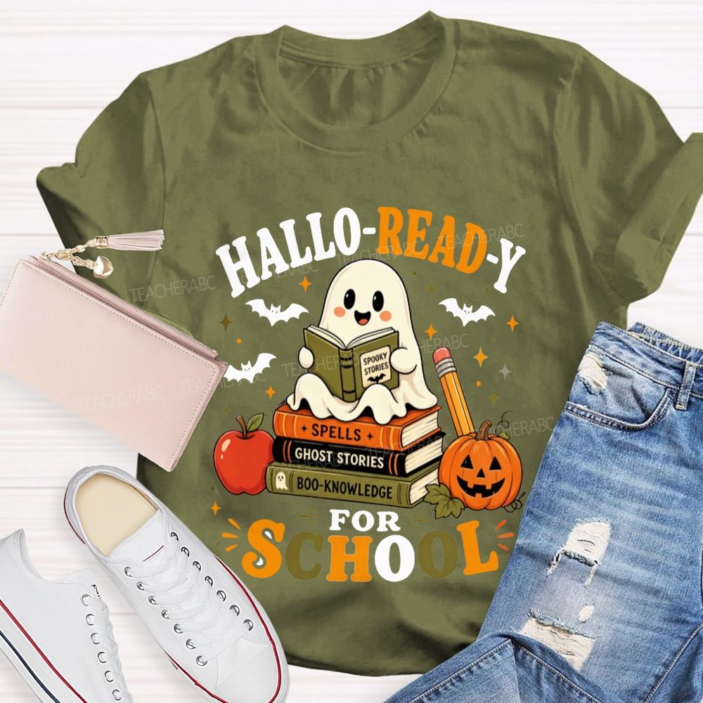 Hallo-Ready For School Ghost Reading Book Stack Pumpkin Halloween Teacher T-shirt