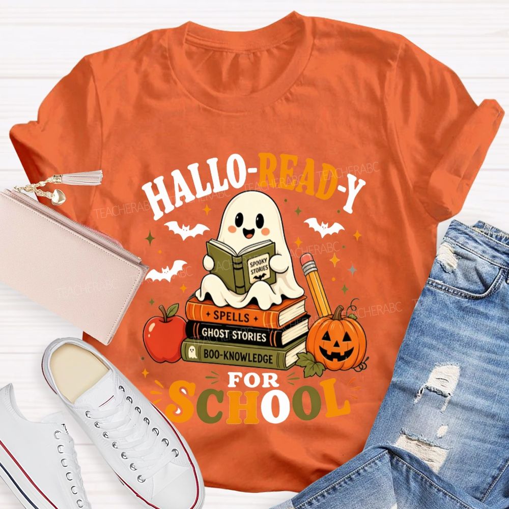 Hallo-Ready For School Ghost Reading Book Stack Pumpkin Halloween Teacher T-shirt
