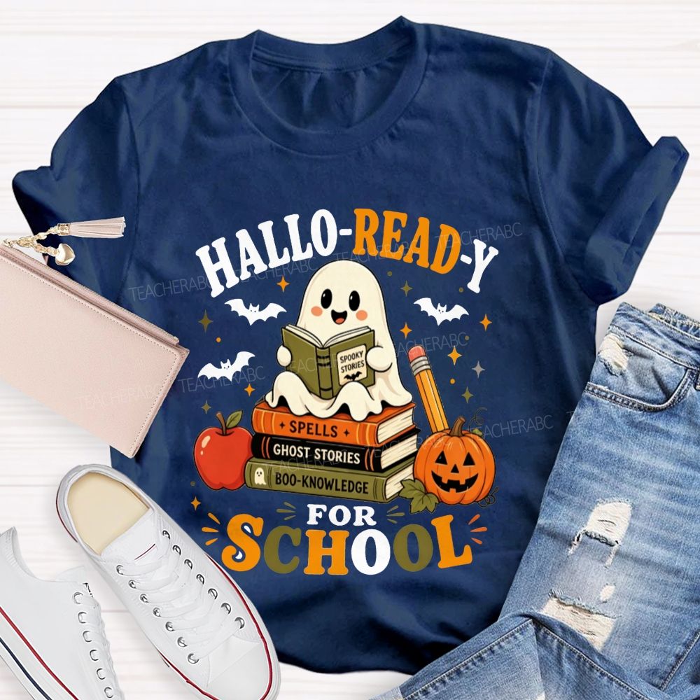 Hallo-Ready For School Ghost Reading Book Stack Pumpkin Halloween Teacher T-shirt