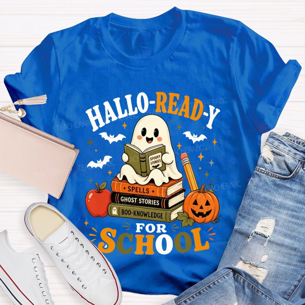 Hallo-Ready For School Ghost Reading Book Stack Pumpkin Halloween Teacher T-shirt