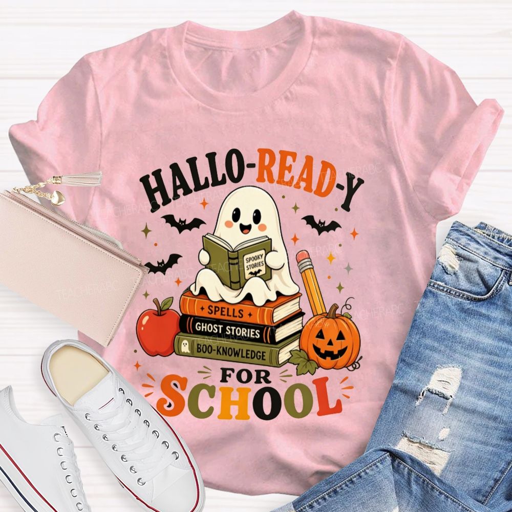 Hallo-Ready For School Ghost Reading Book Stack Pumpkin Halloween Teacher T-shirt