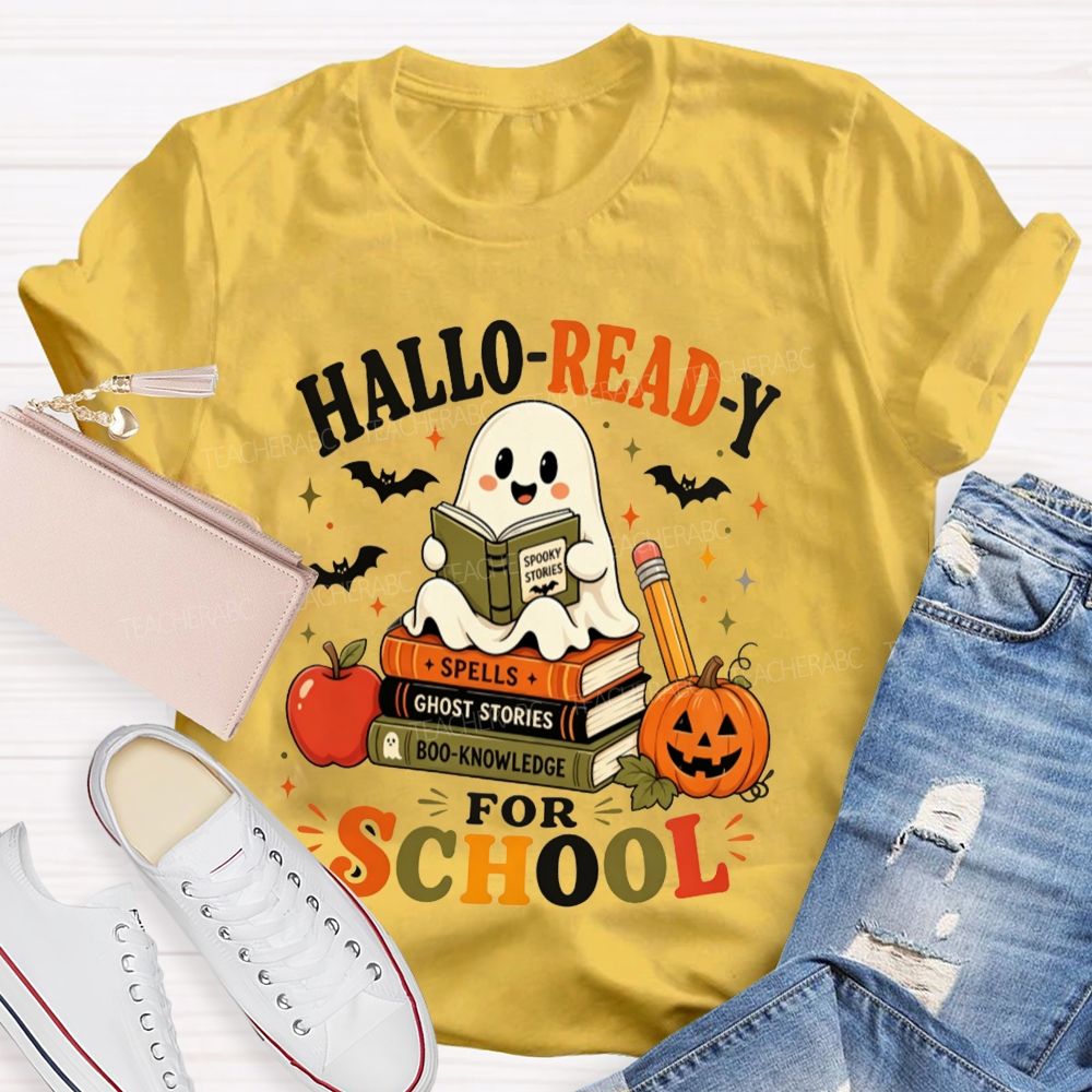 Hallo-Ready For School Ghost Reading Book Stack Pumpkin Halloween Teacher T-shirt
