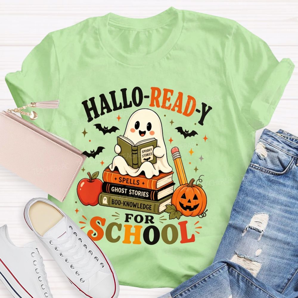 Hallo-Ready For School Ghost Reading Book Stack Pumpkin Halloween Teacher T-shirt