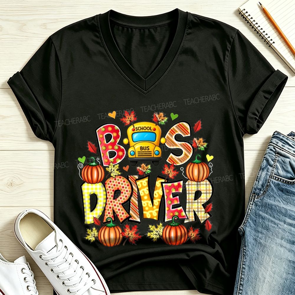 Bus Driver Fall Pumpkin Leaves V Neck T-shirt