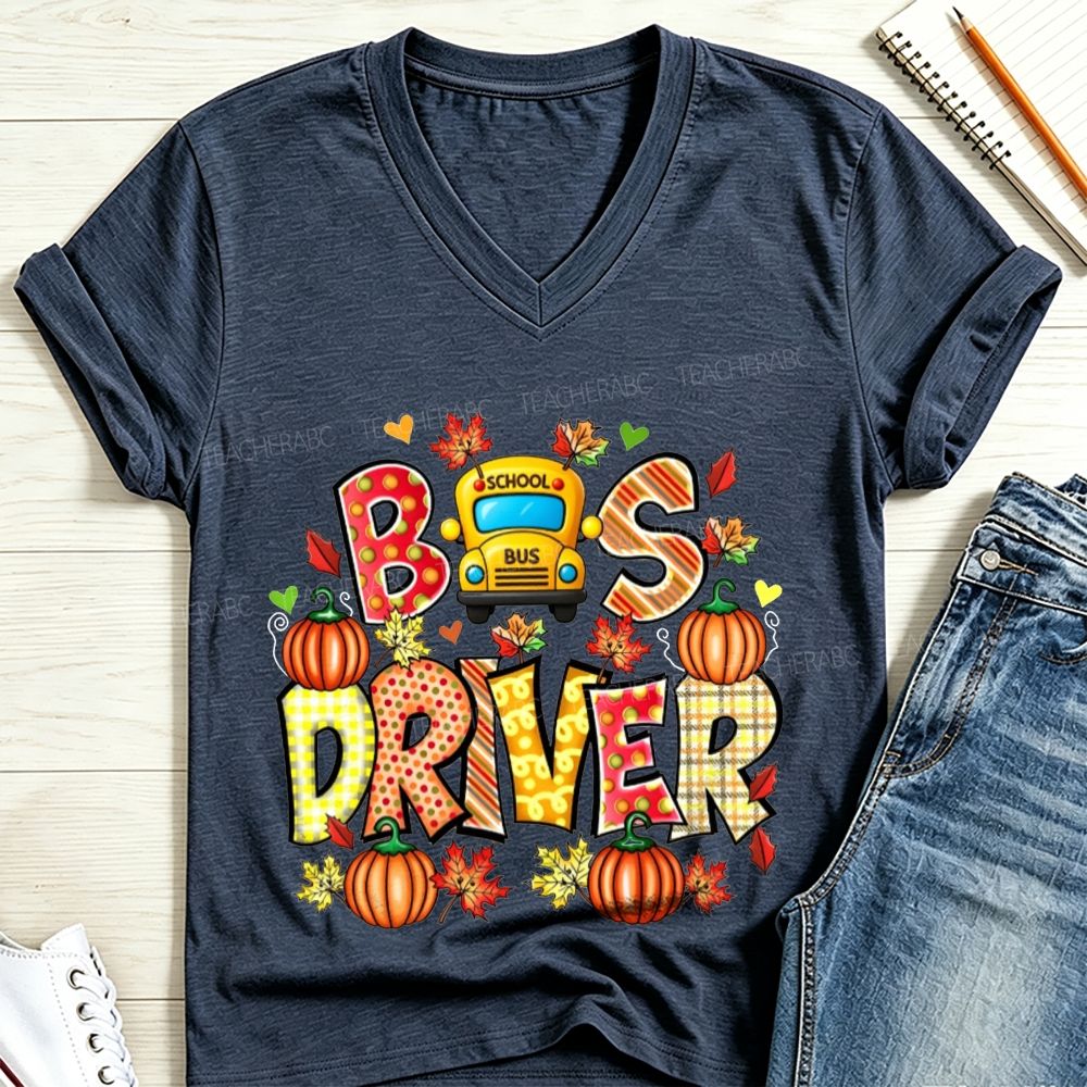 Bus Driver Fall Pumpkin Leaves V Neck T-shirt
