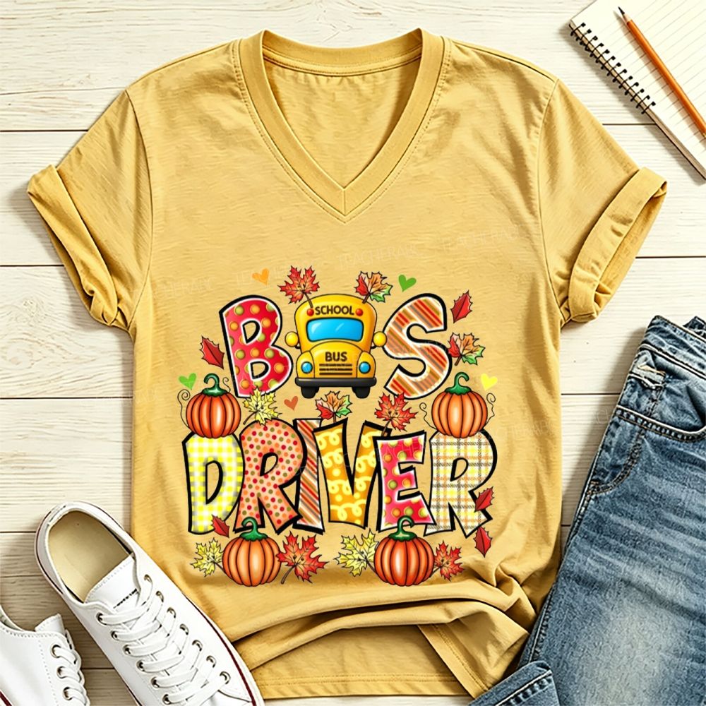 Bus Driver Fall Pumpkin Leaves V Neck T-shirt