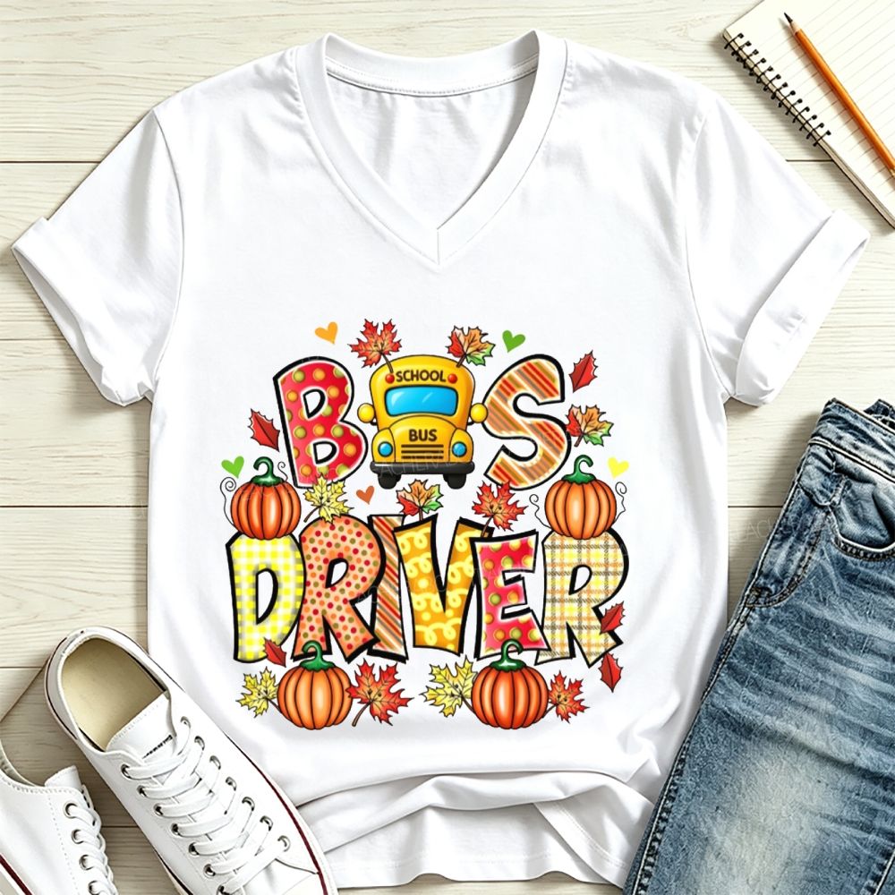 Bus Driver Fall Pumpkin Leaves V Neck T-shirt
