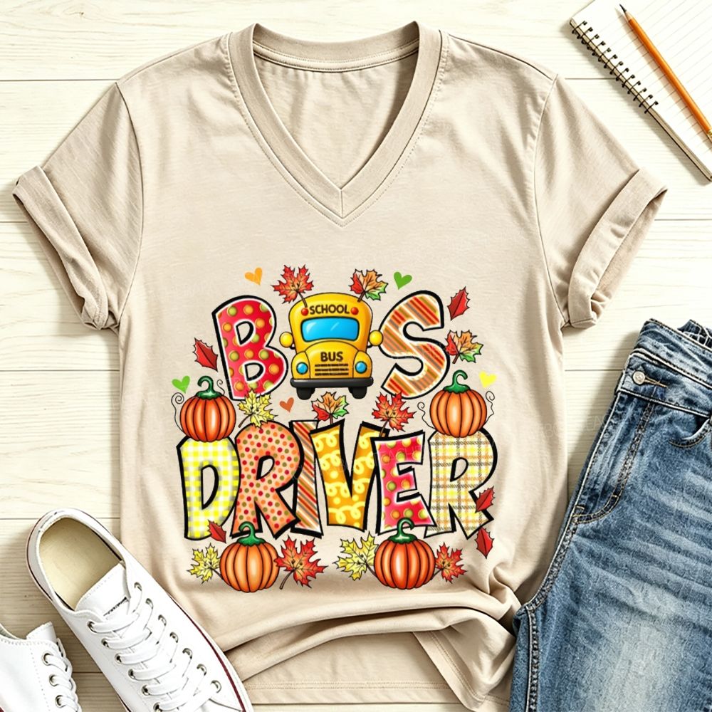 Bus Driver Fall Pumpkin Leaves V Neck T-shirt