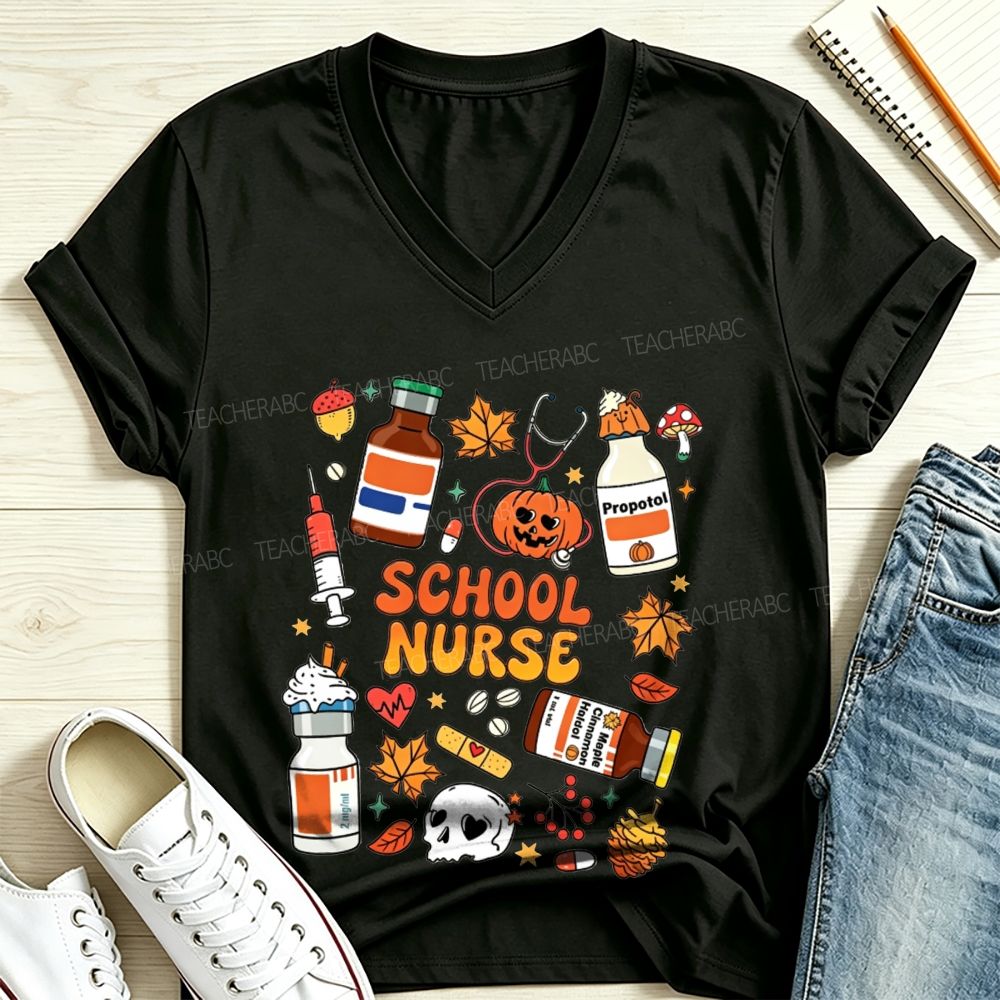 Halloween School Nurse Fall Vibes V Neck T-shirt