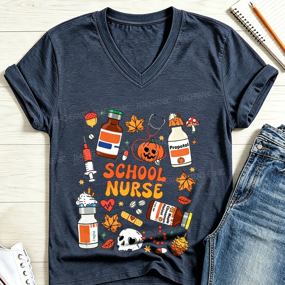 Halloween School Nurse Fall Vibes V Neck T-shirt