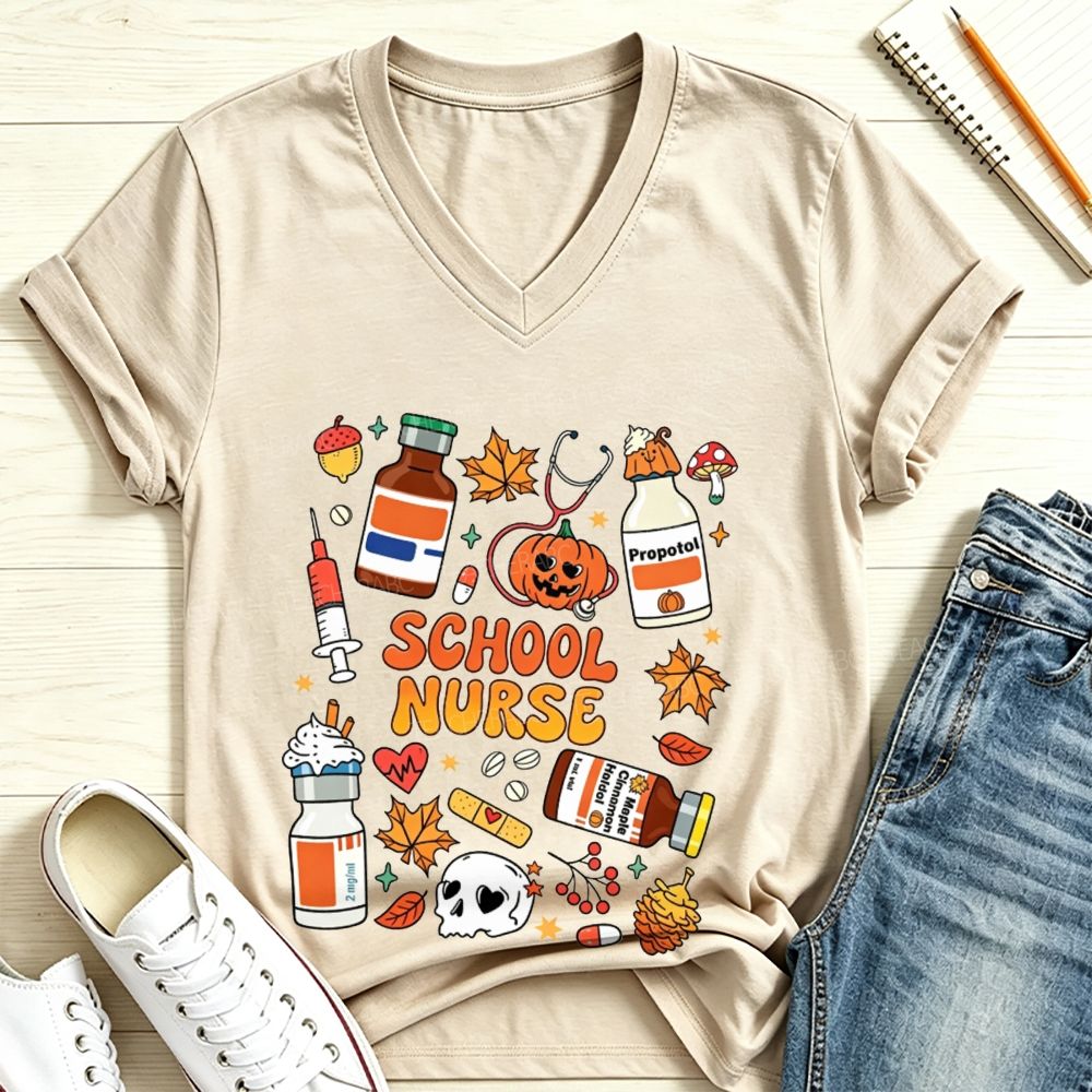 Halloween School Nurse Fall Vibes V Neck T-shirt