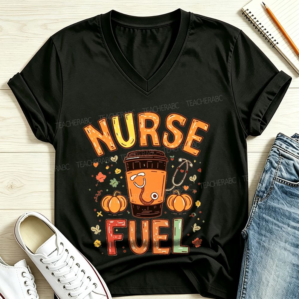 Nurse Fuel Fall Coffee Pumpkin Stethoscope Autumn V Neck T-shirt