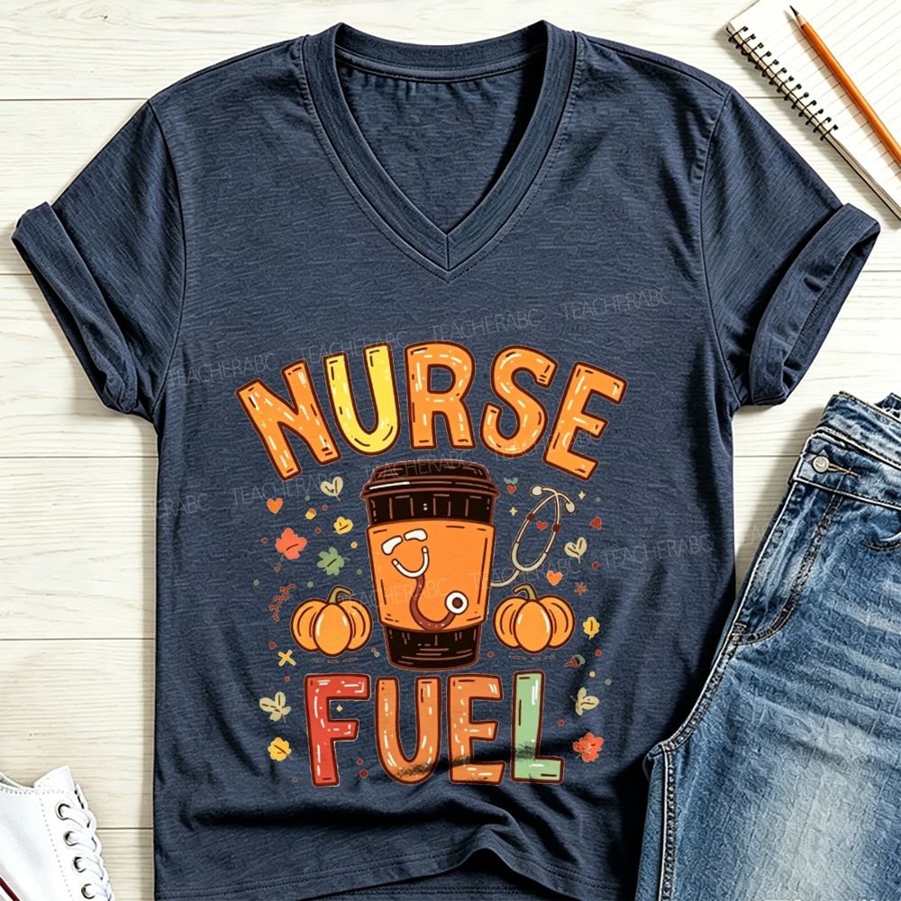 Nurse Fuel Fall Coffee Pumpkin Stethoscope Autumn V Neck T-shirt