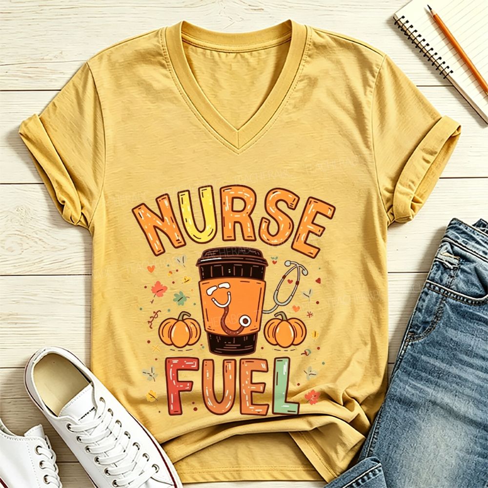 Nurse Fuel Fall Coffee Pumpkin Stethoscope Autumn V Neck T-shirt