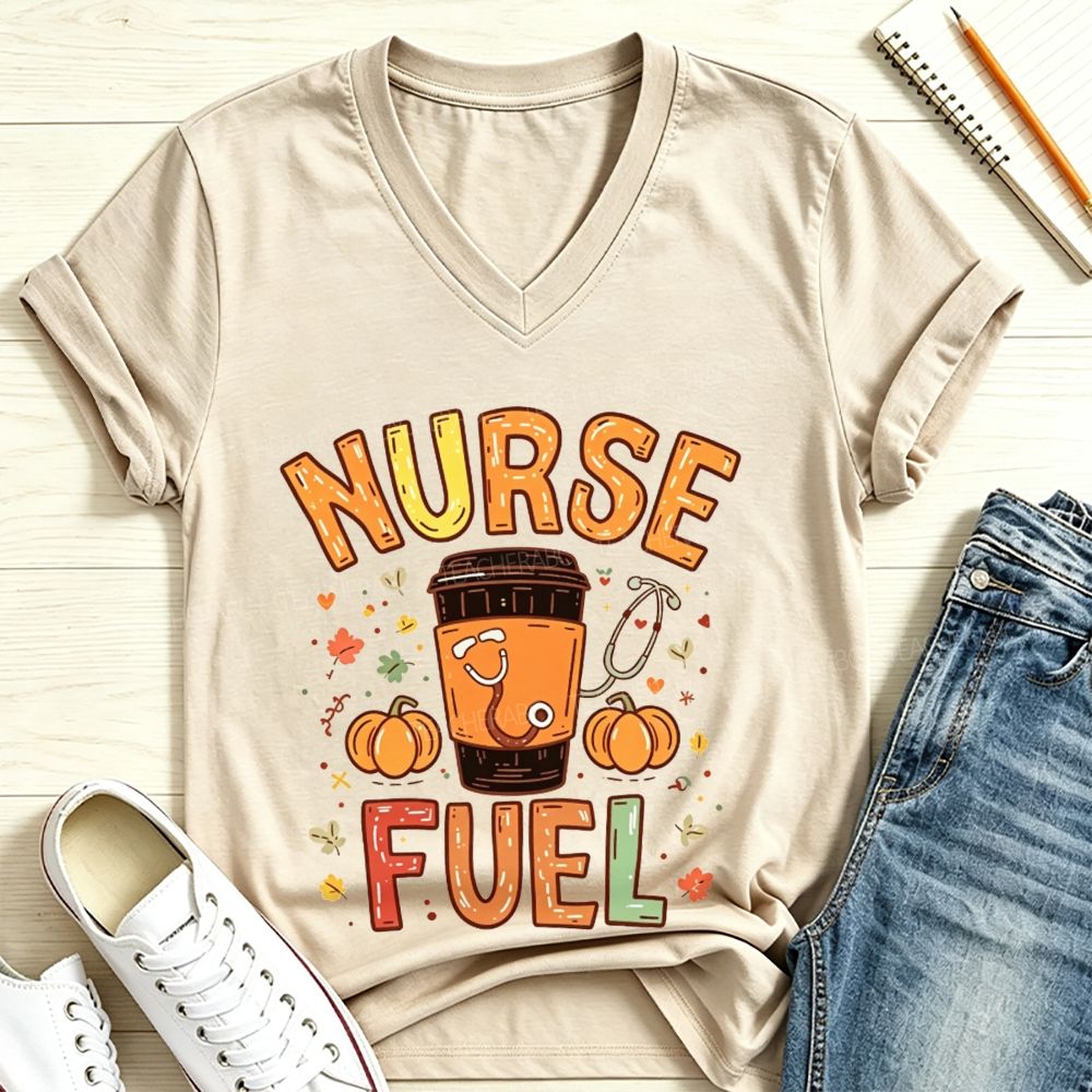 Nurse Fuel Fall Coffee Pumpkin Stethoscope Autumn V Neck T-shirt