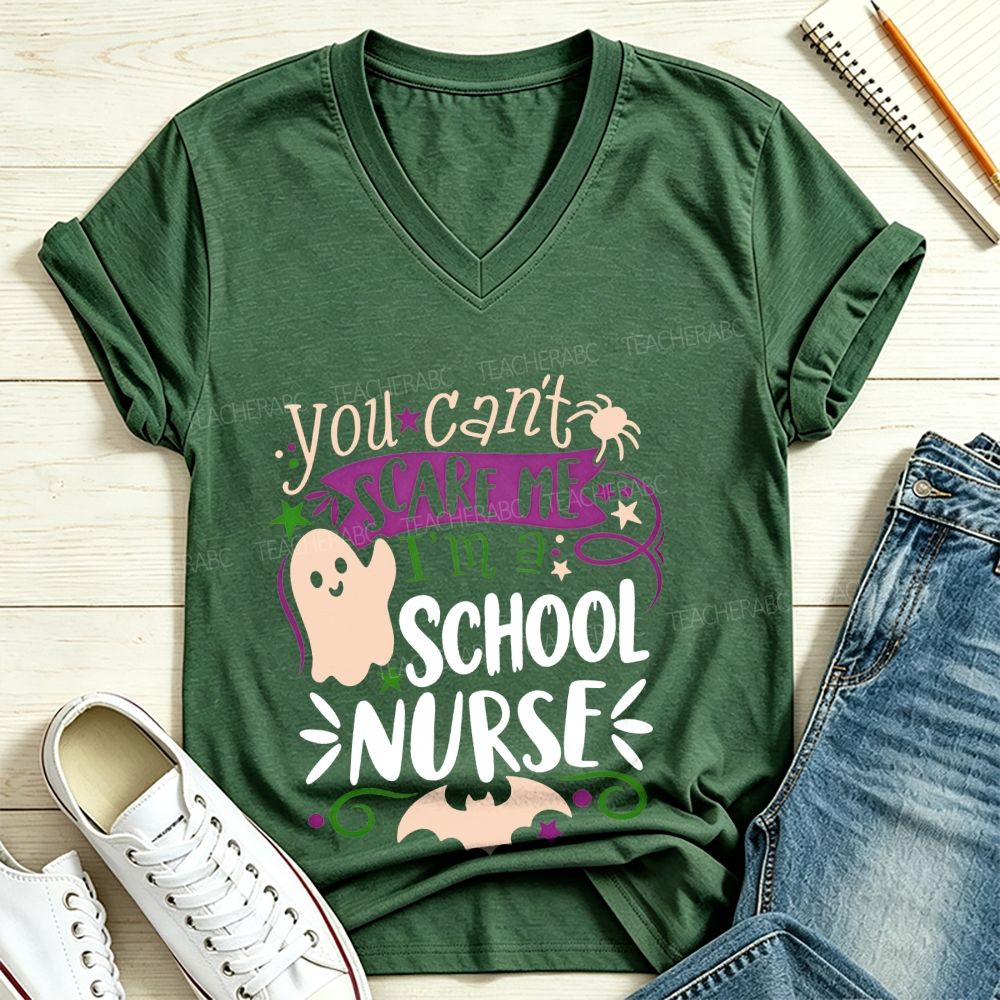 You Can'T Scare Me I'M A School Nurse Halloween Ghost V Neck T-shirt