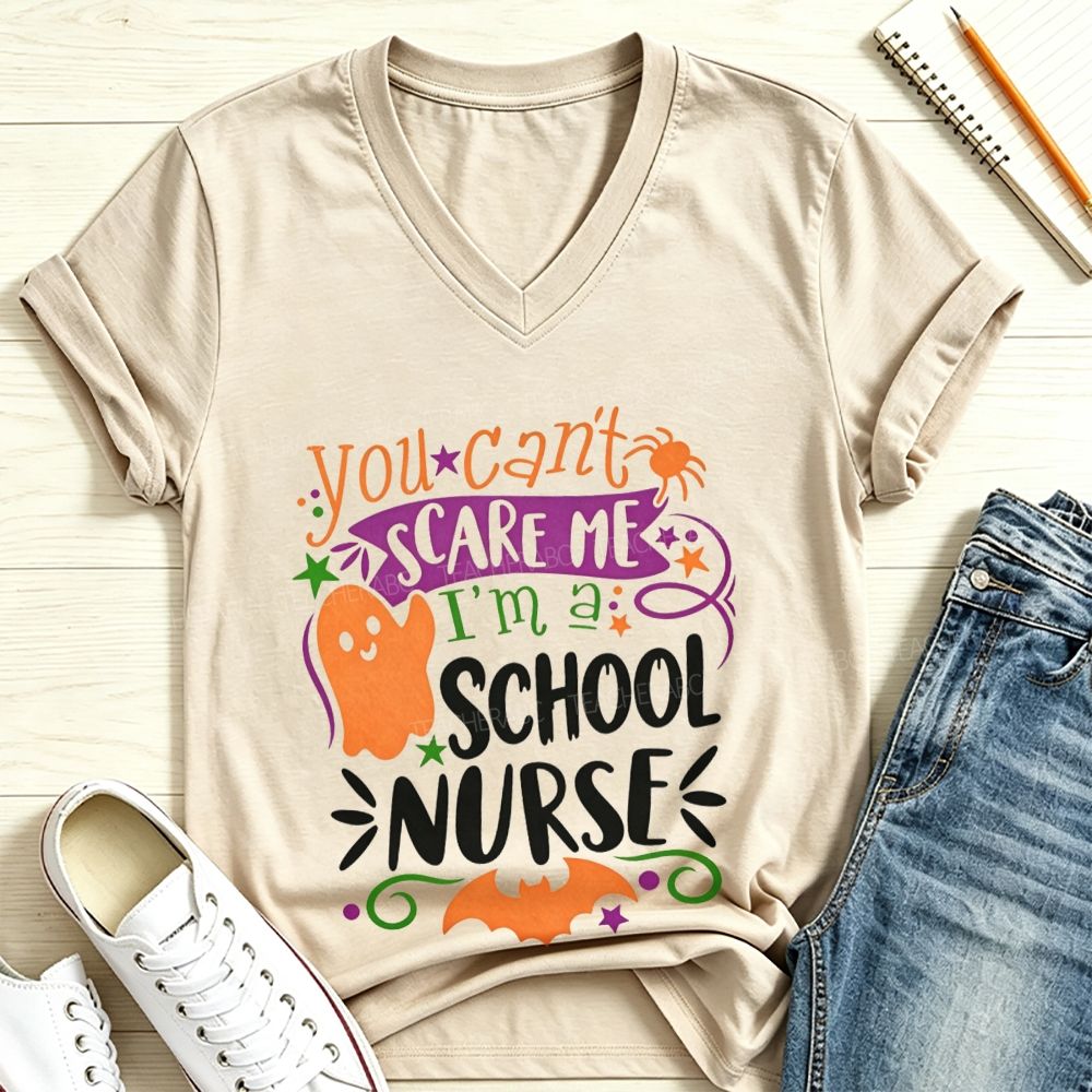 You Can'T Scare Me I'M A School Nurse Halloween Ghost V Neck T-shirt