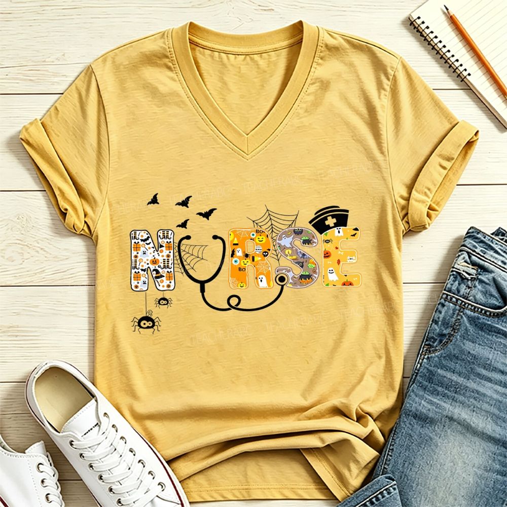 Halloween Nurse Spooky Letters Ghost Pumpkin V Neck T-shirt