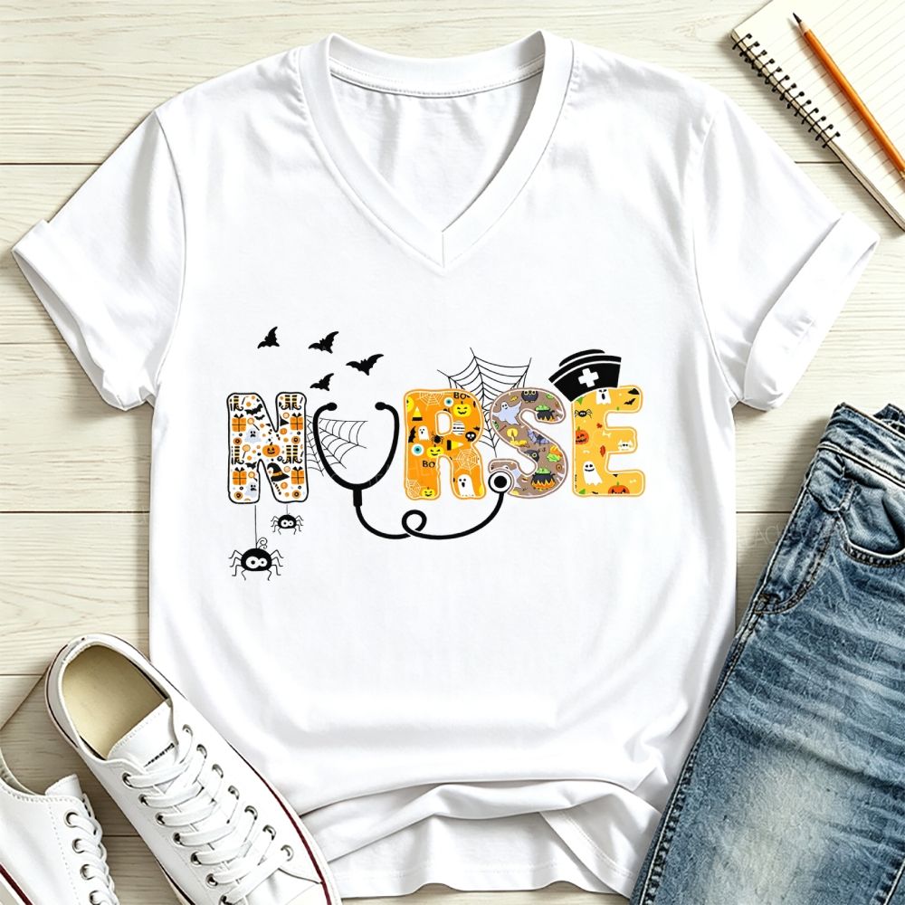 Halloween Nurse Spooky Letters Ghost Pumpkin V Neck T-shirt