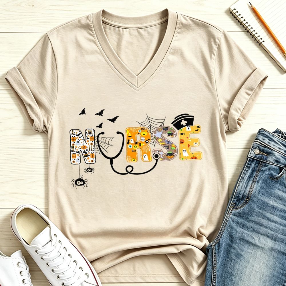 Halloween Nurse Spooky Letters Ghost Pumpkin V Neck T-shirt
