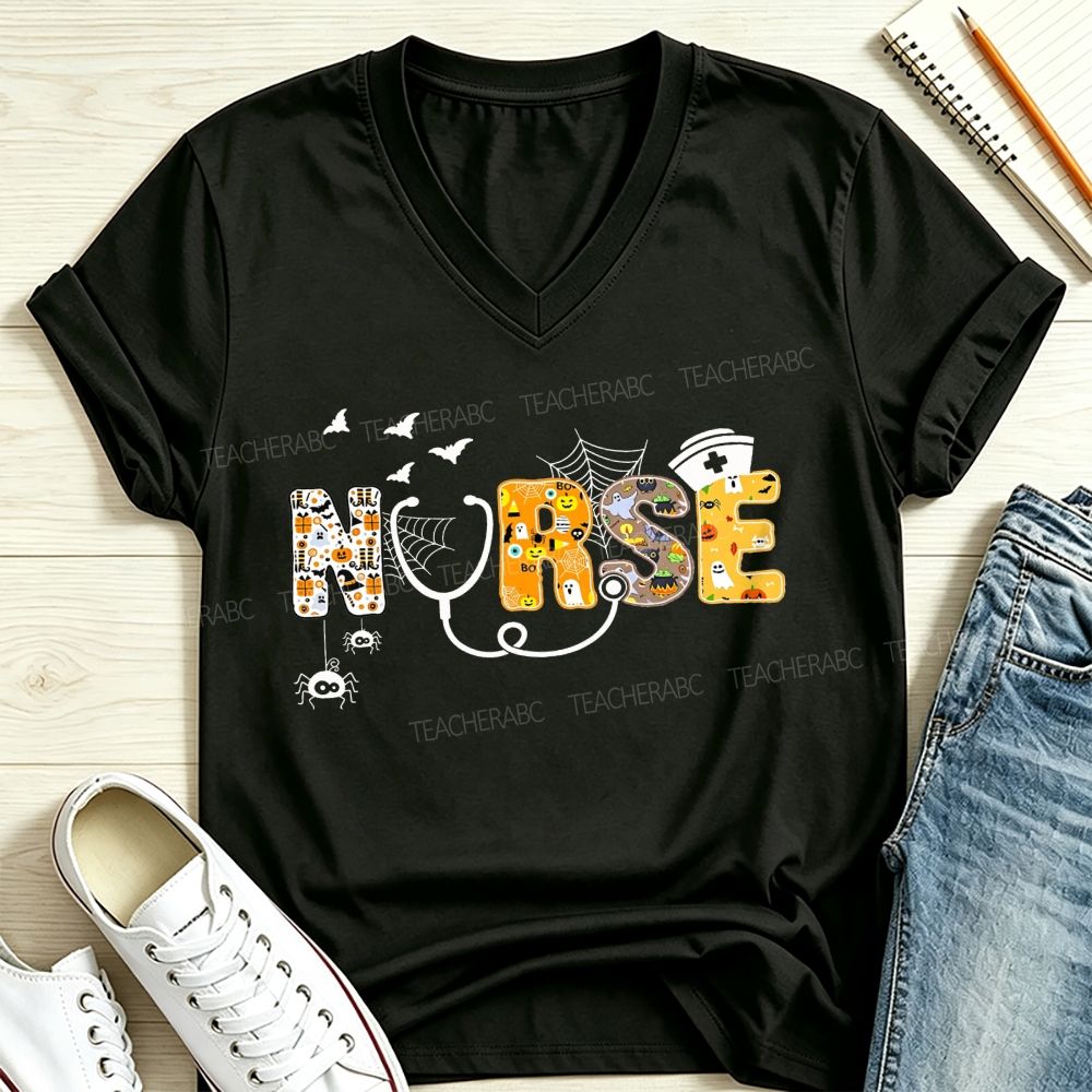 Halloween Nurse Spooky Letters Ghost Pumpkin V Neck T-shirt