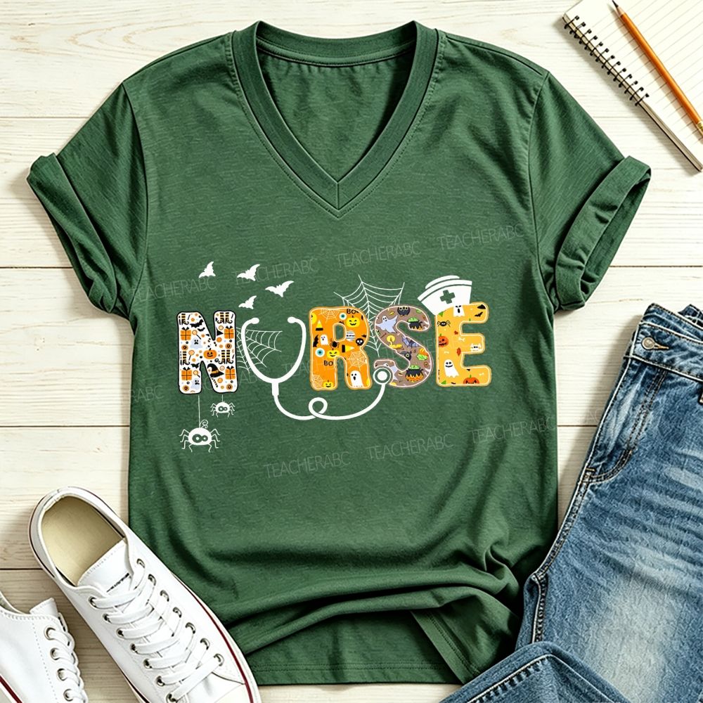 Halloween Nurse Spooky Letters Ghost Pumpkin V Neck T-shirt