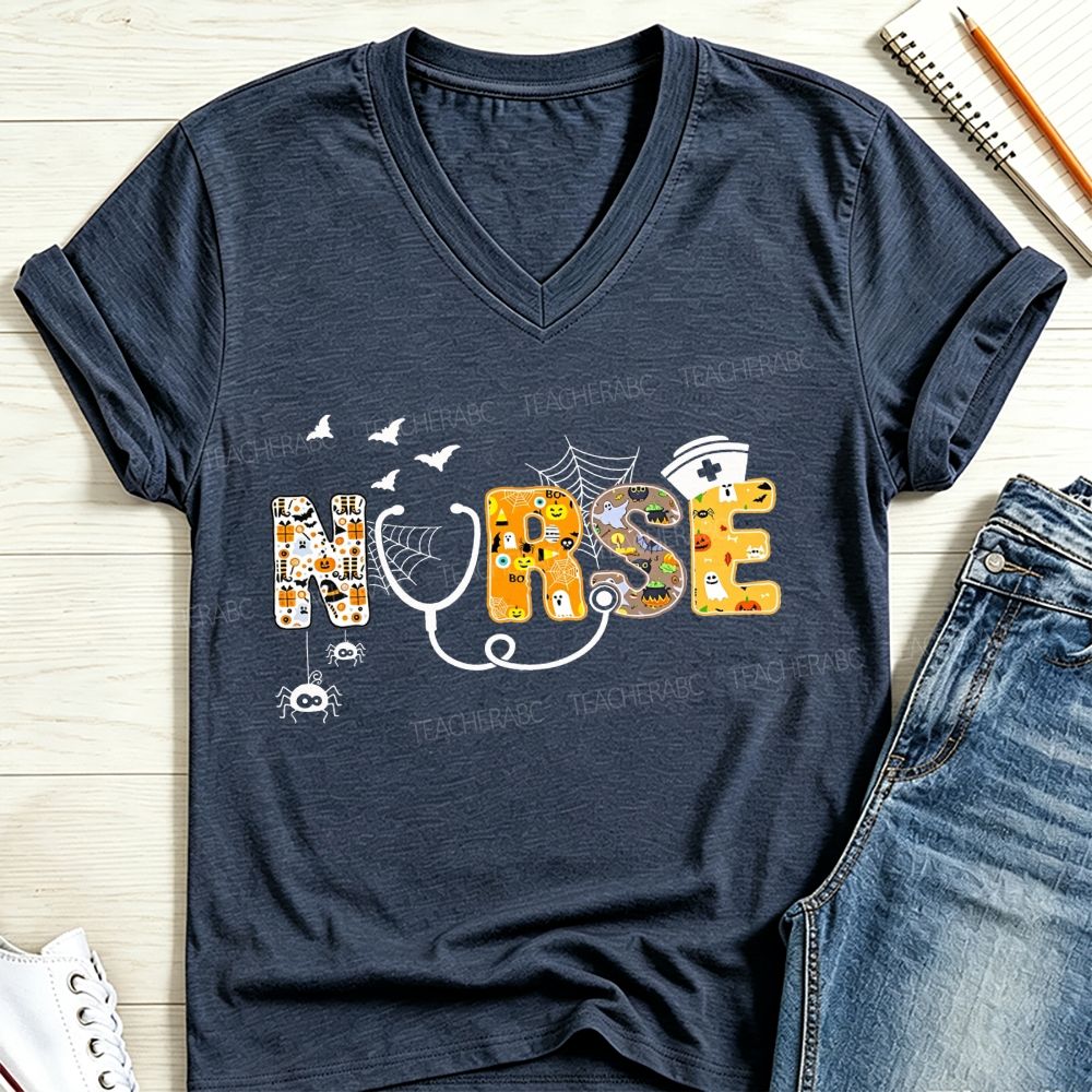 Halloween Nurse Spooky Letters Ghost Pumpkin V Neck T-shirt