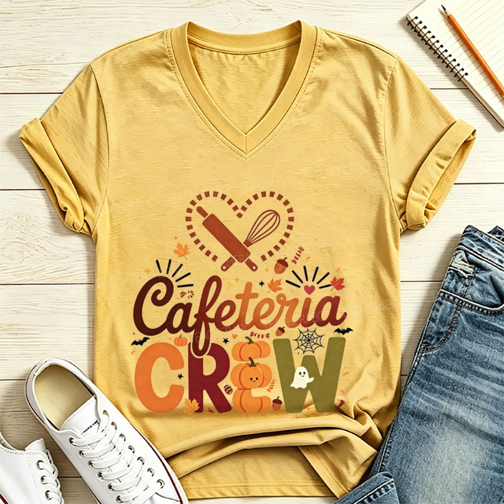 Cafeteria Crew Fall Pumpkin Ghost Heart Rolling Pin Halloween V Neck T-shirt