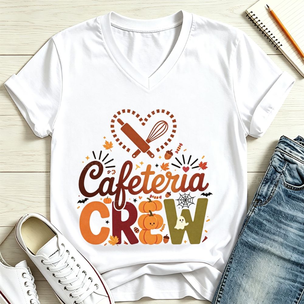Cafeteria Crew Fall Pumpkin Ghost Heart Rolling Pin Halloween V Neck T-shirt