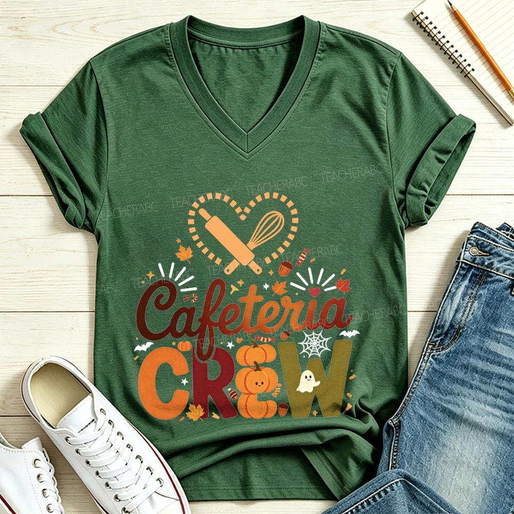 Cafeteria Crew Fall Pumpkin Ghost Heart Rolling Pin Halloween V Neck T-shirt