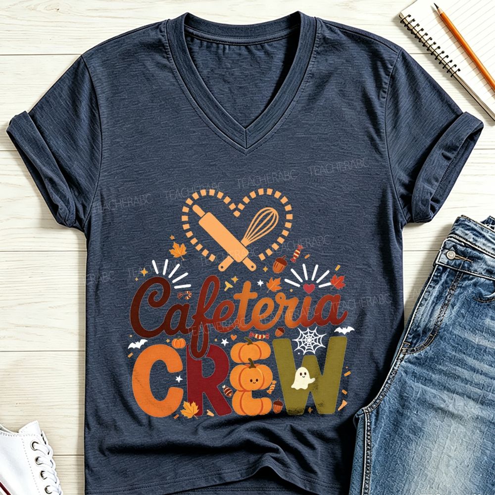 Cafeteria Crew Fall Pumpkin Ghost Heart Rolling Pin Halloween V Neck T-shirt