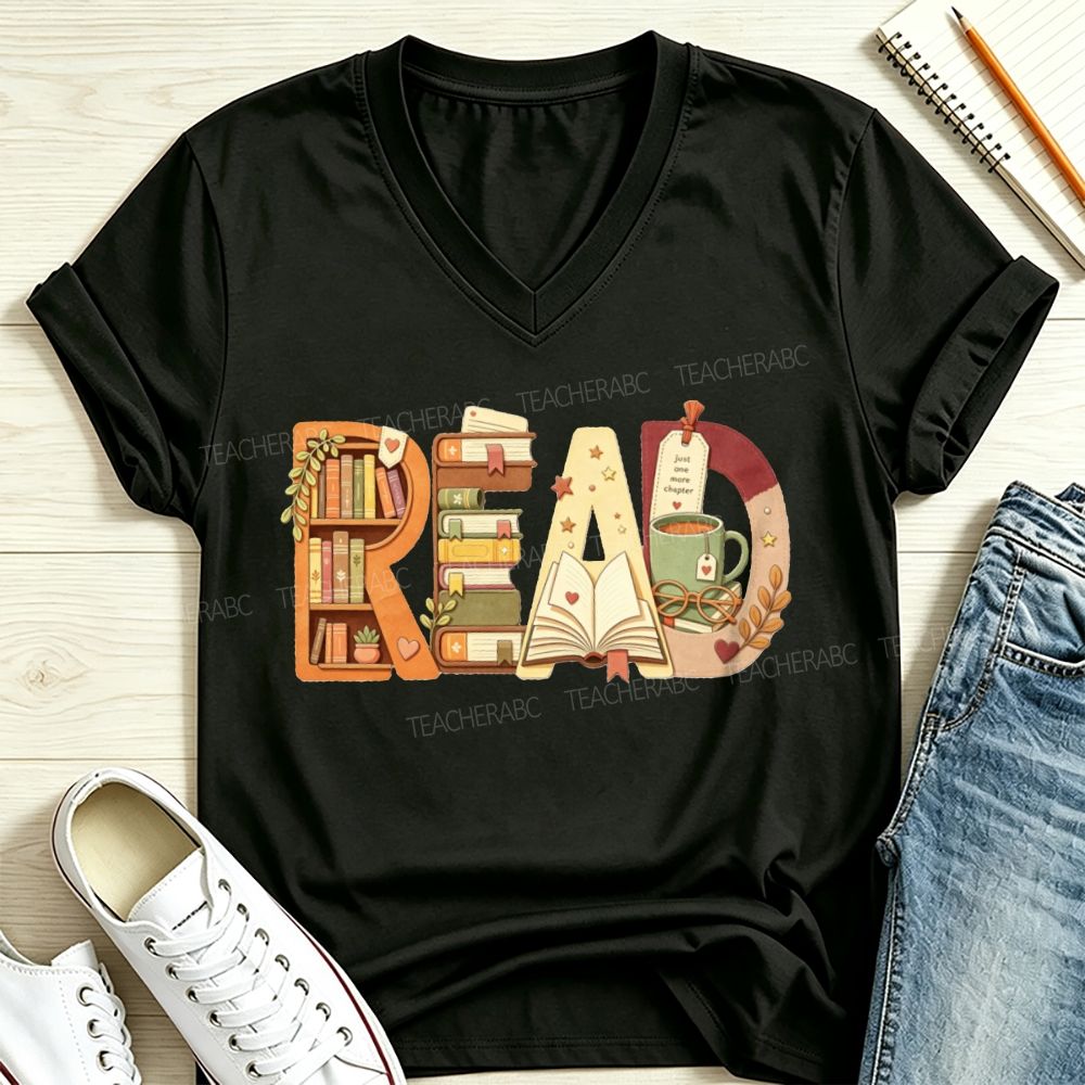 Read Book Letter Bookshelf Coffee Mug Book Lover Teacher Fall V Neck T-shirt