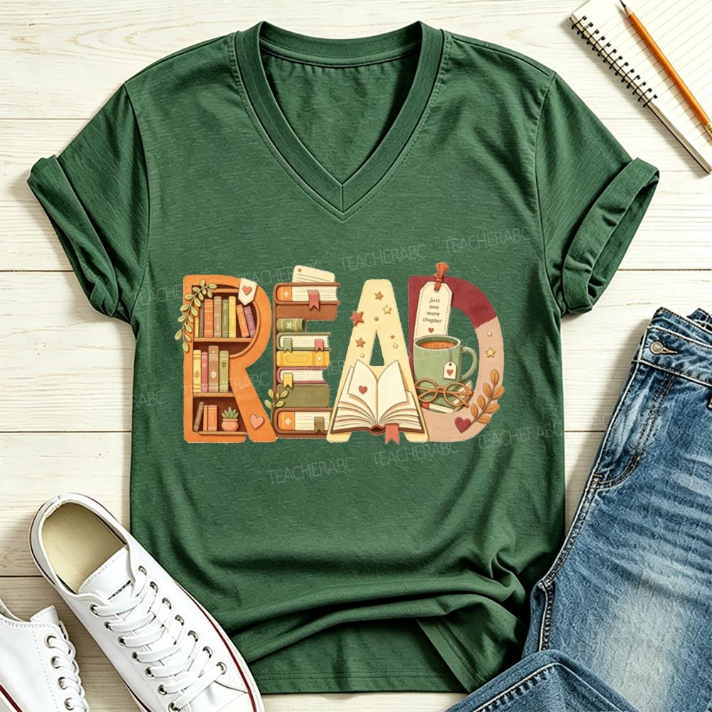 Read Book Letter Bookshelf Coffee Mug Book Lover Teacher Fall V Neck T-shirt