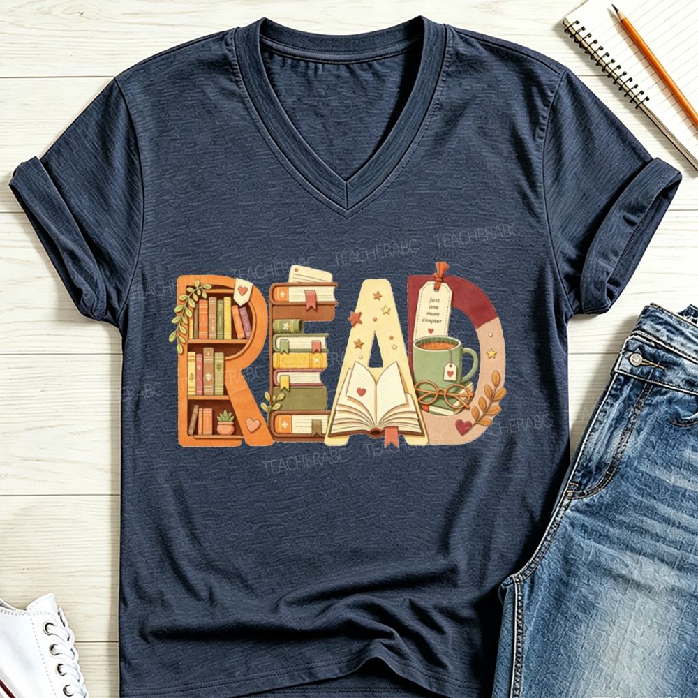 Read Book Letter Bookshelf Coffee Mug Book Lover Teacher Fall V Neck T-shirt