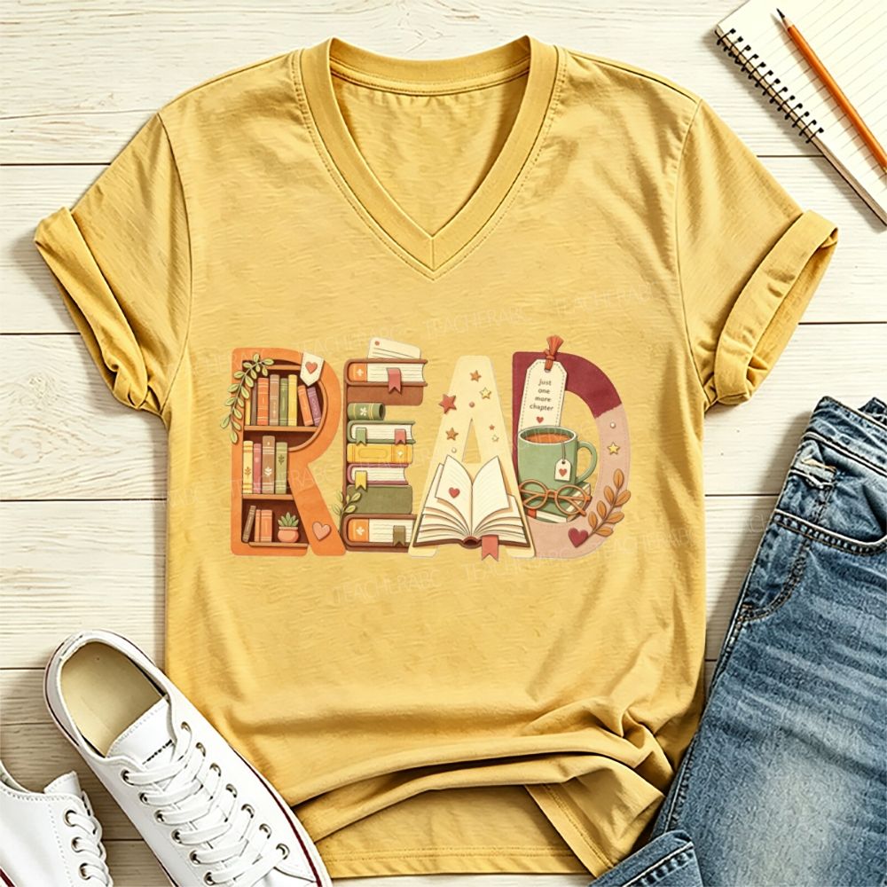 Read Book Letter Bookshelf Coffee Mug Book Lover Teacher Fall V Neck T-shirt