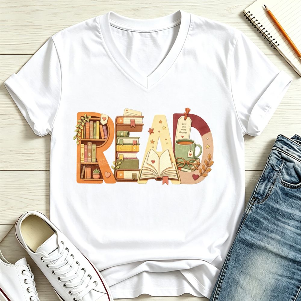 Read Book Letter Bookshelf Coffee Mug Book Lover Teacher Fall V Neck T-shirt