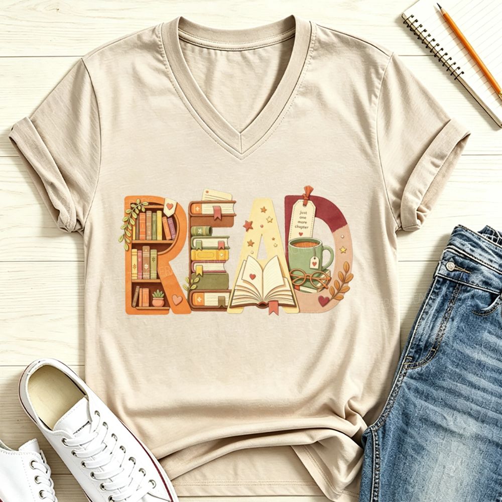 Read Book Letter Bookshelf Coffee Mug Book Lover Teacher Fall V Neck T-shirt