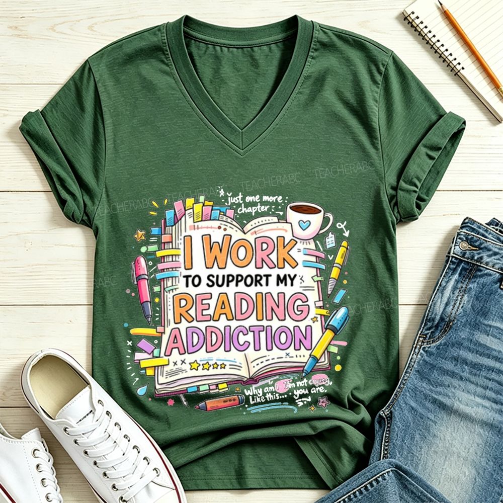 I Work To Support My Reading Addiction Book Lover Bookstack Coffee V Neck T-shirt
