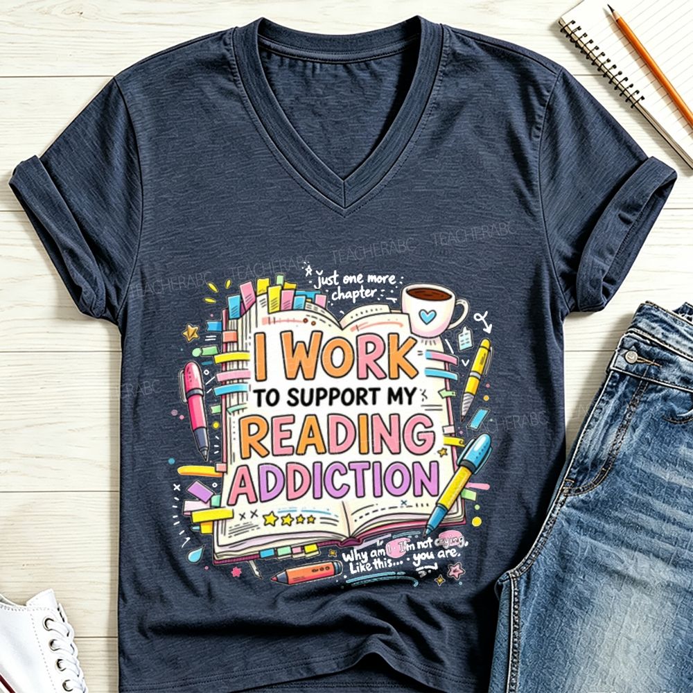 I Work To Support My Reading Addiction Book Lover Bookstack Coffee V Neck T-shirt
